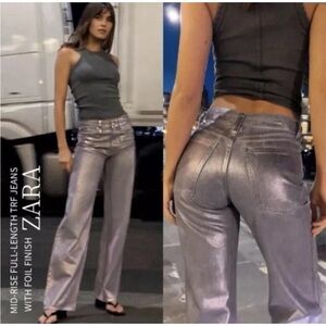 ZARA Mid-Rise Full-Length TRF Jeans Pink Metallic Foil Finish Size 2 Y2K Glam